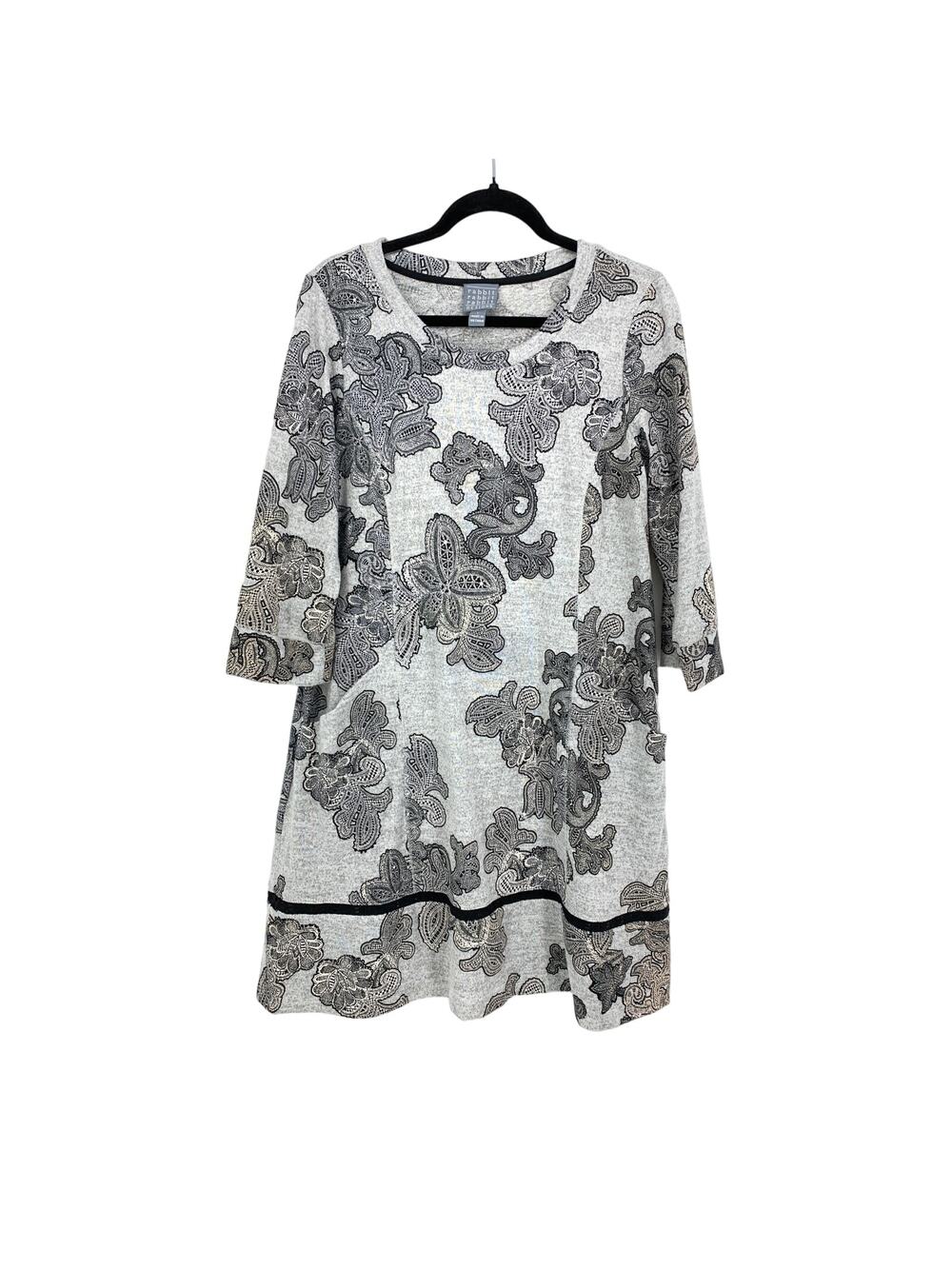 Rabbit Rabbit Rabbit Designs Dress Womens Sz L 3/4 Sleeve Gray Paisley Floral